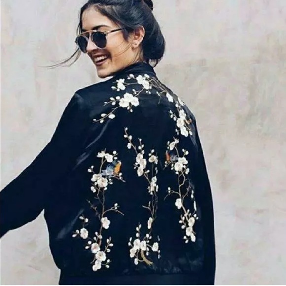 Zara Jackets & Blazers - ZARA Embroidered Floral Birds Silky Bomber Jacket